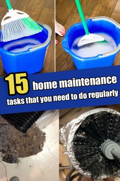 four pictures showing different ways to clean and maintain the floor with brooms in buckets