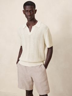 Giorgio Linen-Cotton Sweater Polo | Banana Republic Textured Polo Outfit Men, Polo Outfit Men, Polo Outfit, Minimalist Fashion Men, Sweater Polo, Johnny Collar, Retro Sweater, Banana Republic Men, Linen Sweater