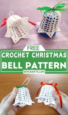 crochet christmas bell pattern with hand holding it