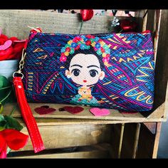 Super Cute Frida Clutch Bag With Zipper. This Is A Great Gift For Any Occasion Or To Add To Your Collection. Thank You For Viewing Cute Multicolor Bag With Zipper Pouch, Fun Multicolor Bags For Personal Use, Trendy Multicolor Bags For Personal Use, Cute Yellow Bag For Personal Use, Yellow Bag With Removable Pouch For Personal Use, Multicolor Pouch With Adjustable Strap As Gift, Gift Multicolor Pouch With Adjustable Strap, Cute Handmade Yellow Bags, Bag With Zipper