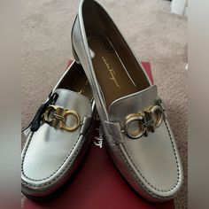 Brand New Rolo Silver Calf Learher Gold And Silver Hardware Beautiful Comfortable Elegant Reversible Metal Buckle With One Side Silver And One Side Gold Slip On Leather Upper Leather Insole Leather Soles Made In Italy Composition: 100% Calf Silver Leather Loafers With Round Toe, Luxury Flat Heel Moccasins, Silver Leather Flat Loafers, Chic Silver Loafers With Flat Heel, Luxury Silver Loafers With Round Toe, Designer Silver Loafers With Leather Sole, Chic Silver Loafers With Round Toe, Chic Silver Round Toe Loafers, Silver Luxury Loafers For Galas