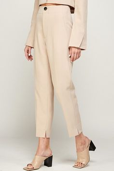 High waisted beige dress pants with slight split seam at ankle Beige Dress Pants, High Waisted Dress, High Waisted Dress Pants, Beige Dress, High Waist Dress, Beige Dresses, Dress Pants, Split, High Waisted