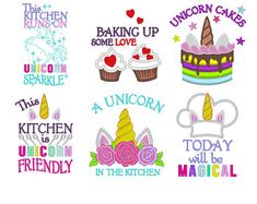 some stickers with unicorns and cakes on them