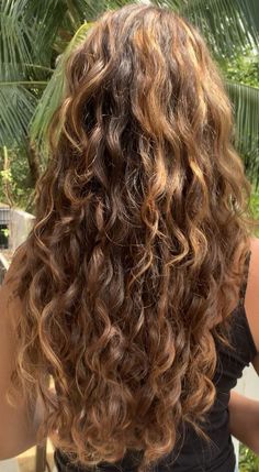 caramel highlights  beach wave  clurly hair  trending hair  #notmyphoto Natural Wavy Hair Highlights, Brown Curly Hair Highlights, Highlights On Wavy Hair, Outfits With Curly Hair, Wavy Summer Hair, Honey Blonde Highlights Curly Hair, Summer Hair Aesthetic, Light Perm, Brown Beach Hair