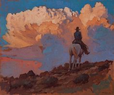 a painting of a man riding a horse up a hill with clouds in the background