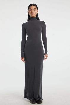 The Lenny is a maxi with a long sleeve turtleneck and a stunning open back. Made from signature Micro modal jersey and double-lined to minimize sheerness. The Line By K, Line By K, Outrageous Fashion, Long Summer Dresses Maxi, Sweater Maxi Dress, Blue Dress Formal, Dreamy Dress, Deep Gray, Long Summer Dresses