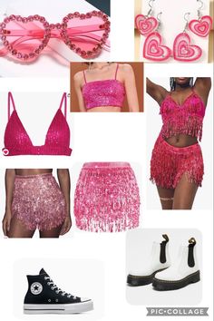 pink and black items are featured in this collage