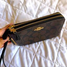 Coach | Bags | Nwot Coach F619 Double Zip Wallet In Signature Wristlet In Brown Black | Poshmark Coach Crossbody Clutch For Travel, Zip Wallet, Wrist Strap, Wristlets, Coach Bags, Clutches, Card Slots, Slots, A Girl