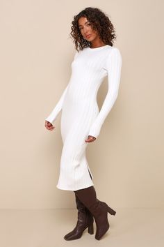 The Best Yet Ivory Ribbed Bodycon Sweater Dress White Sweater Dress, Bodycon Sweater, Bodycon Sweater Dress, Winter Dress Outfits, Lulu Fashion, Ribbed Sweater Dress, Trendy Winter, Thick Sweaters, Kick Pleat