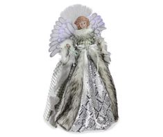 an angel figurine with fur and feathers on it's head, wearing a silver dress