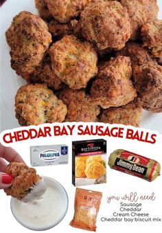 cheddar bay sausage balls with yogurt and cinnamon cheese dip in the middle