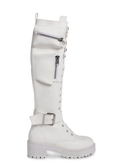 base White Superhero Boots, Long White Combat Boots, Combat Boots Aesthetic, Shoes Coquette, High Combat Boots, Futuristic Outfits, Knee High Combat Boots, White Combat Boots, Current Mood Clothing