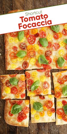 a pizza with tomatoes, cheese and basil on it is shown in front of a box that says shortcut tomato focaccia