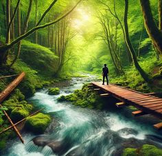 a man standing on a wooden bridge over a river in the middle of a forest