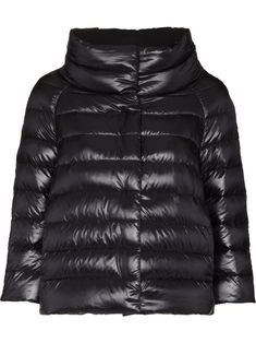 black cotton blend padded design high-shine finish high neck front zip fastening three-quarter length sleeves straight hem Capsule Wardrobe Checklist, Herno Jacket, Quilted Puffer Jacket, Latest Fashion Design, Top Designer Brands, Sleek Look, High End Fashion, Easy Wear