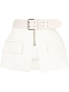 off-white adjustable fit belted waist two front flap pockets two rear welt pockets thigh-length Elegant Mini Skirt With Belt, Elegant High Waist Mini Skirt With Belt Loops, White Fitted Belted Bottoms, Elegant Mini Skirt With Belt For Work, Elegant Mini Skirt With Belt Detail, Fitted Bottoms With Removable Belt For Work, Workwear Bottoms With Removable Belt, Fitted Mini Skirt With Belt For Workwear, White Mini Skirt With Belt Loops For Spring