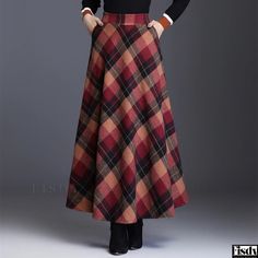 Fisdy - Retro Plaid Midi Skirt: High-Waisted A-Line Skirt with Embellished Hemline Long Skirt Fall, Autumn Academia, Grid Skirt, Plus Size Kawaii, Retro Outfit, Plaid Wool Skirt, Midi Skirt Pattern, Minion Jokes, Khaki Skirt