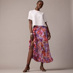 Collection chiffon ruffle skirt in floral Flowy Midi Skirt Summer Dress, Floral Print Summer Skirt, Chic Tiered Ruffled Maxi Skirt, Chic Floral Print Midi Skirt, Flowy Ruffled Maxi Skirt For Day Out, Chic Skirted Bottoms With Floral Print, Trendy Long Skirt For Summer, Chic Chiffon Floral Print Skirt, Summer Floral Print Tiered Skirt