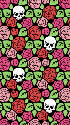 skulls and roses on black background with pink, red and green flowers in the middle