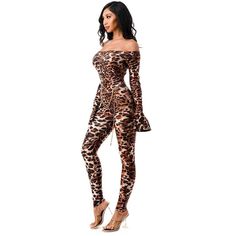 Unleash your wild side with our stunning Cheetah Print Off Shoulder Jumpsuit with Gold Chain Waistbelt! Turn heads and make a statement wherever you go with this daring outfit that exudes confidence and style. Crafted from premium quality lycra material, this jumpsuit is lightweight, stretchy and comfortable to wear all day or night. The off-shoulder design with a cheetah print adds a touch of seductive charm and femininity, while the gold chain waistbelt adds a touch of glamour and sophisticati Chic Leopard Print Jumpsuits And Rompers For Party, Chic Leopard Print Jumpsuits And Rompers For Night Out, Chic Leopard Print Jumpsuits For Night Out, Chic Fitted Leopard Print Jumpsuits And Rompers, Chic Fitted Leopard Print Jumpsuit, Cheetah Print Outfit, Boat Neck Jumpsuit, Lycra Material, Off Shoulder Jumpsuit