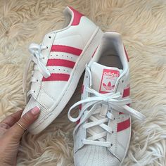 Pink And White Addidas Pink Three Stripes Sneakers With Round Toe, Pink Sneakers With Three Stripes And Round Toe, Pink Round Toe Sneakers With Three Stripes, Pink Three Stripes Round Toe Sneakers, White Addidas, Adidas Shoes White, Adidas White Shoes, Adidas Cleats, Toddler Adidas