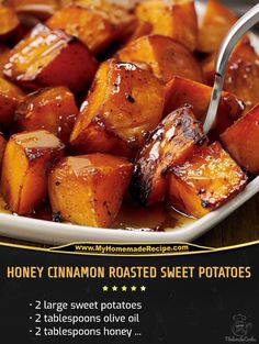 honey cinnamon roasted sweet potatoes on a white plate with a spoon in it and the recipe below