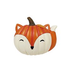 an orange and white pumpkin shaped like a fox's head with its eyes closed