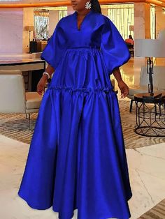 Elegance Unveiled: V-Neck Maxi Dresses with High Waist, Puff Sleeves, and Falbala Detail Blue Bishop Sleeve Party Dress, Blue Billowy Dress With Puff Sleeves, Casual Maxi Dresses, High Waist Dress, Half Sleeve Dresses, Maxi Robes, Puff Sleeve Dresses, Maxi Dresses Casual, Daily Dress