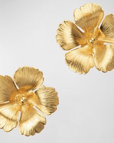 Jennifer Behr earrings made by hand in New York    Approx. 1"L    24karat goldplated brass    Post backs for pierced ears    Wipe clean    Made in USA Gold Clip-on Earrings In Flower Shape, Gold Clip-on Flower-shaped Earrings, Elegant Clip-on Earrings With Flower Charm, Elegant Gold Flower Clip-on Earrings, Wedding Clip-on Flower Earrings, Elegant Formal Earrings With Flower Decoration, Gold Flower Bridal Earrings, Classic Yellow Gold Flower Earrings For Wedding, Yellow Gold Flower-shaped Bridal Earrings