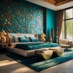 a bedroom with blue and gold decor on the walls, carpeted flooring and large windows