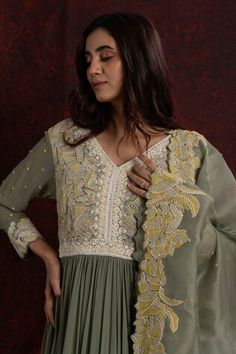 Green crepe anarkali with dori and beaded embroidery. Comes with a dupatta. - Aza Fashions Anarkali Dupatta With Dori Work In Pista Green, Semi-stitched Green Anarkali Set With Embroidered Border, Green Chanderi Anarkali Set With Cutdana Details, Green Embellished Semi-stitched Anarkali Set, Embellished Draped Anarkali Sets, Anarkali With Dupatta, Jayanti Reddy, Women Kurta, Anushree Reddy