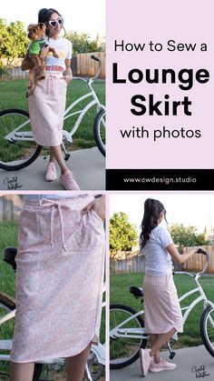 a woman standing next to a bike with the words how to sew a lounge skirt with photos