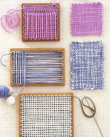 four different types of weavings are displayed on a white surface with yarn and scissors