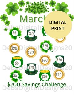 st patrick's day digital print with shamrocks, coins and hats for $ 20