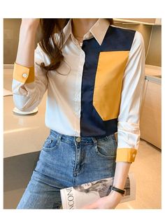 Half Color Block Satin Long Sleeve Blouse Shirt – Tomscloth White Office Tops With Pockets, White Office Top With Pockets, White Long Sleeve Shirt With Patchwork, White Patchwork Tops For Work, Casual Yellow Office Shirt, Multicolor Long Sleeve Tops For Office, Yellow Long Sleeve Shirt With Patchwork, Casual Multicolor Office Shirt, Casual Patchwork Tops For Office