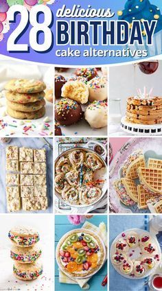 an advertisement for the birthday cake alternatives program, with images of cakes and waffles