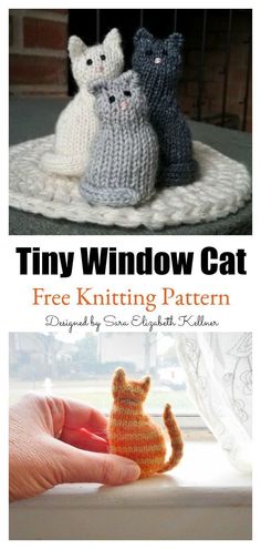 three knitted cats sitting on top of a window sill with the caption tiny window cat free knitting pattern