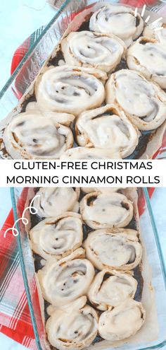 an image of gluten - free christmas morning cinnamon rolls in the baking dish