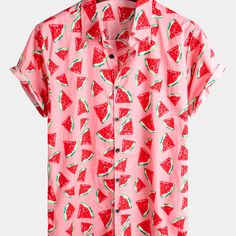 a short sleeve woven shirt with rolled cuff, open point collar, warm pink ground with hand-drawn looking watermelon triangle slices all over Hawaii Fruit, Hawaiian T Shirt, Tropical Hawaii, Watermelon Print, Grad School, Men's Button Down Shirt, Fruit Print, Mens Hawaiian Shirts, Summer Fabrics