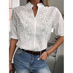 Season:Summer; Fabric:Polyester; Look After Me:Machine wash,Wet and Dry; Gender:Women's; Thickness:Regular; Style:Basic,Modern; Elasticity:Micro-elastic; Tops Type:Blouse,Shirt,Lace Shirt,Dressy Tops; Occasion:Daily,Street; Fit Type:Regular Fit; Pattern:Plain; Design:Eyelet Lace; Neckline:V Neck; Listing Date:05/28/2024; Production mode:External procurement; Bust:; Length:; Fit US Size:; Fit UK Size:; Fit EU Size:; Print Type:non-printing; Sleeve Length:Short Sleeve White Chiffon Tops, Top In Pizzo, Embroidered Lace Top, Crochet Lace Top, Half Sleeve Blouse, Half Sleeve Tops, Women Sleeve, Women Shirts Blouse, Sierra Leone