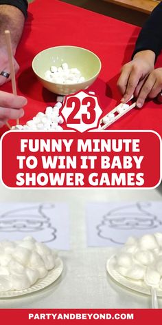 two people are making baby shower games with marshmallows in the bowl and on the table