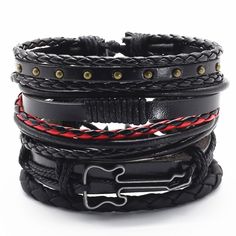 Music is your life and this 5 piece multi-layer bracelet set complements your lifestyle as a musician. The set is edgy but yet has a classic feel. The multiple layers give it a very unique look. You can wear them all together or separately to create different looks. Product Information Set comes with 5 bracelets Material: leather/PU leather Metals Type: alloy Clasp Type: adjustable sliding tie Length: adjustable 7 inches to 8.5 inches Handmade Black Band Wristband For Concerts, Rocker Metal Bracelets For Concerts, Black Rock Wristband For Concerts, Black Rock Style Wristband For Concerts, Black Rock Style Wristband As Gift, Edgy Black Band Bracelets, Edgy Band Bracelet For Concerts, Edgy Band Bracelet For Concert, Trendy Metal Wristband For Concerts