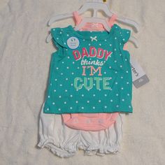 This Three Piece Set Is Brand New With Tags And In Excellent Condition, It Is A Size Newborn. Comes With Two Shorts And A Pair Of Shorts. The Shirts Says, "Daddy Thinks I'm Cute". The Onesie Snaps At The Bottom. Both Shirts Have Tiny Bows At The Top And The Shorts Have A Butterfly On The Bottom Area. Girls Valentines Outfit, Baby Summer Dresses, Suspenders For Boys, Baby Boy Summer, Camo Baby Stuff, Baby Christmas Outfit, Body Suit Outfits, Carters Baby Boys, Boys Summer Outfits