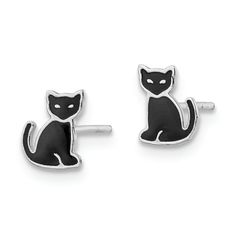 Rhodium over sterling silver polished left and right pair of black enameled cat design children's earrings. Measures approximately 1/4"L x 1/4"W and have friction post and push back closures. Black Cat Earrings, Cat Post, Cat Earrings, Cat Theme, Cat Design, Black Enamel, Left And Right, Sterling Earrings, Post Earrings