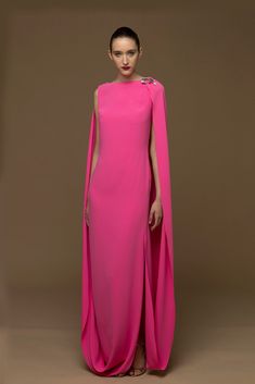 Long cape sleeves crepe gown - HerTrove Marchesa Couture, Greta Constantine, Isabel Sanchis, Straight Cut Dress, Exclusive Gowns, Long Cape, Crepe Gown, Satin Dress Long, Midi Dress Style