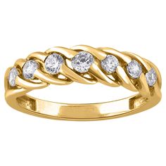 a yellow gold ring with five diamonds on the bottom, and two rows of round cut stones