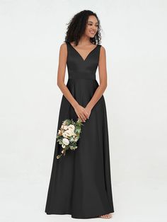 Princess V-neck Satin Max Dresses with Pockets-Black Sade BABARONI V-neck Bridesmaid Dress With Satin Finish, V-neck Sleeveless Satin Prom Dress, Elegant V-neck Sleeveless Bridesmaid Dress, V-neck Bridesmaid Dress For Prom, Elegant V-neck Sleeveless Dress For Wedding, Sleeveless Solid Satin Dress, Black V-neck Bridesmaid Dress, Black Sleeveless Satin Prom Dress, Black Sleeveless Dress With Satin Finish