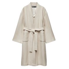 Versatile Off-White Coat, Meticulously Crafted From A Luxurious Wool Blend Fabric. This Transitional Coat Is Perfect For Spring, Summer, And Winter Alike. Featuring Long Flared Sleeves, Front Patch Pockets, And A Tied Self Belt For Added Flair And Versatility, It Seamlessly Combines Comfort And Sophistication. Elevate Your Look With This Timeless Piece, Ideal For Staying Cozy And Chic In Any Season. Elegant Neutral Outerwear For Daywear, Elegant Beige Outerwear For Daywear, Elegant Oversized White Outerwear, Elegant Cream Outerwear For Daywear, Elegant White Oversized Outerwear, Chic White Structured Outerwear, White Lapel Collar Outerwear For Daywear, White Lapel Collar Outerwear For Daytime, White Outerwear With Lapel Collar For Daywear