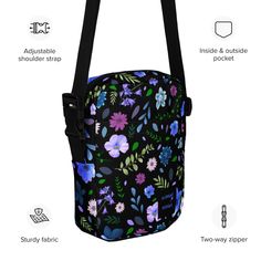 This elegant black bag with brightly colored flowers is sturdy, stylish, and ready to go wherever you do. With adjustable straps and two spacious pockets, it's the ultimate accessory to both add style and to keep your essentials close at hand.  This shop is still new so while you may not find many reviews yet, I will respond quickly to any questions. Do not hesitate to contact me!  * 100% polyester * Fabric weight: 9.91 oz./yd.² (336 g/m²) * Bag size: 5.7″ × 7.7″ × 2″ (14.5 cm × 19.5 cm × 5 cm) Rectangular School Bag With Floral Print, Rectangular Floral Print School Bag, Trendy Floral Print Travel Shoulder Bag, Casual Floral Print Satchel Shoulder Bag, Black Rectangular Shoulder Bag With Floral Print, Black Spring On-the-go Bags, Everyday Black Bag With Floral Print, Black Floral Print Shoulder Bag For Everyday Use, Elegant Black Floral Print Shoulder Bag For Everyday Use