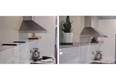 two pictures of a kitchen with white tile and stainless steel hoods over the stove